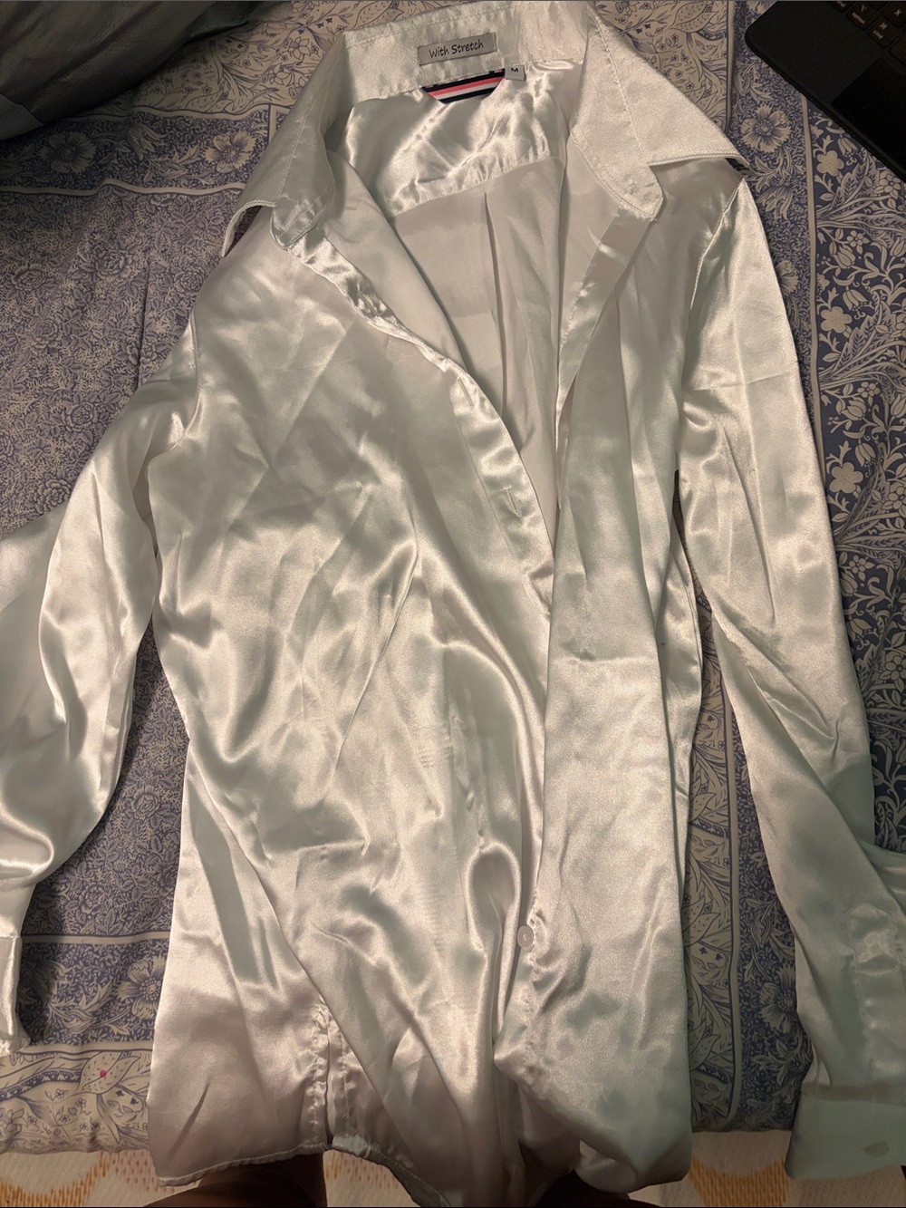 Amazon White Satin Stretch Button-Down Shirt